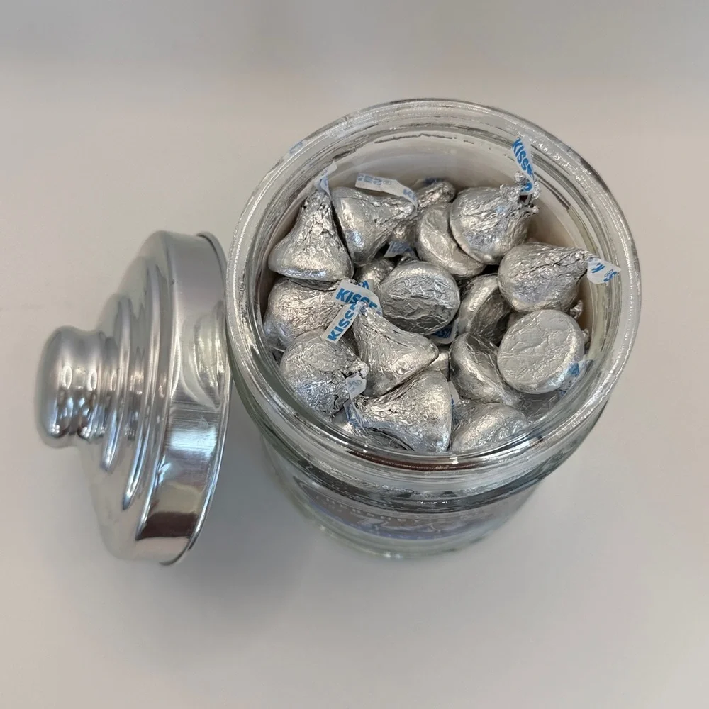 VTG Hershey Kisses Silver Anniversary Jar, 1907-2007, 6”x4”, Filled w Kisses! 😘